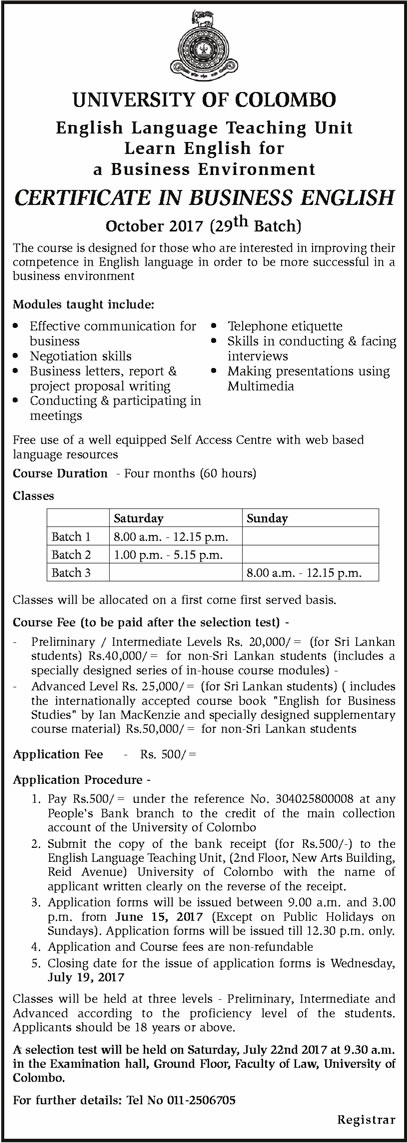 Certificate in Business English - University of Colombo